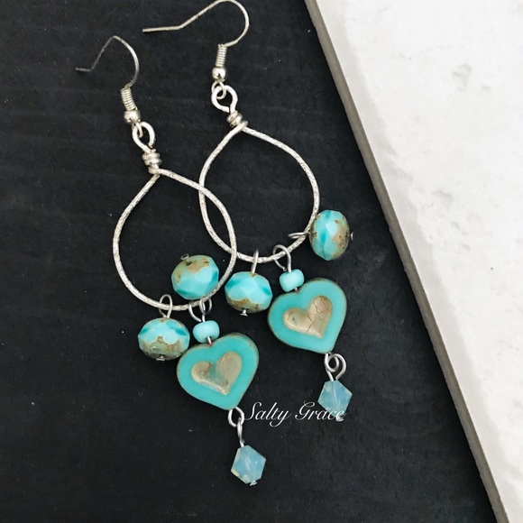 Salty Grace Jewelry - Turquoise Galapagos heart and Swarovski earrings